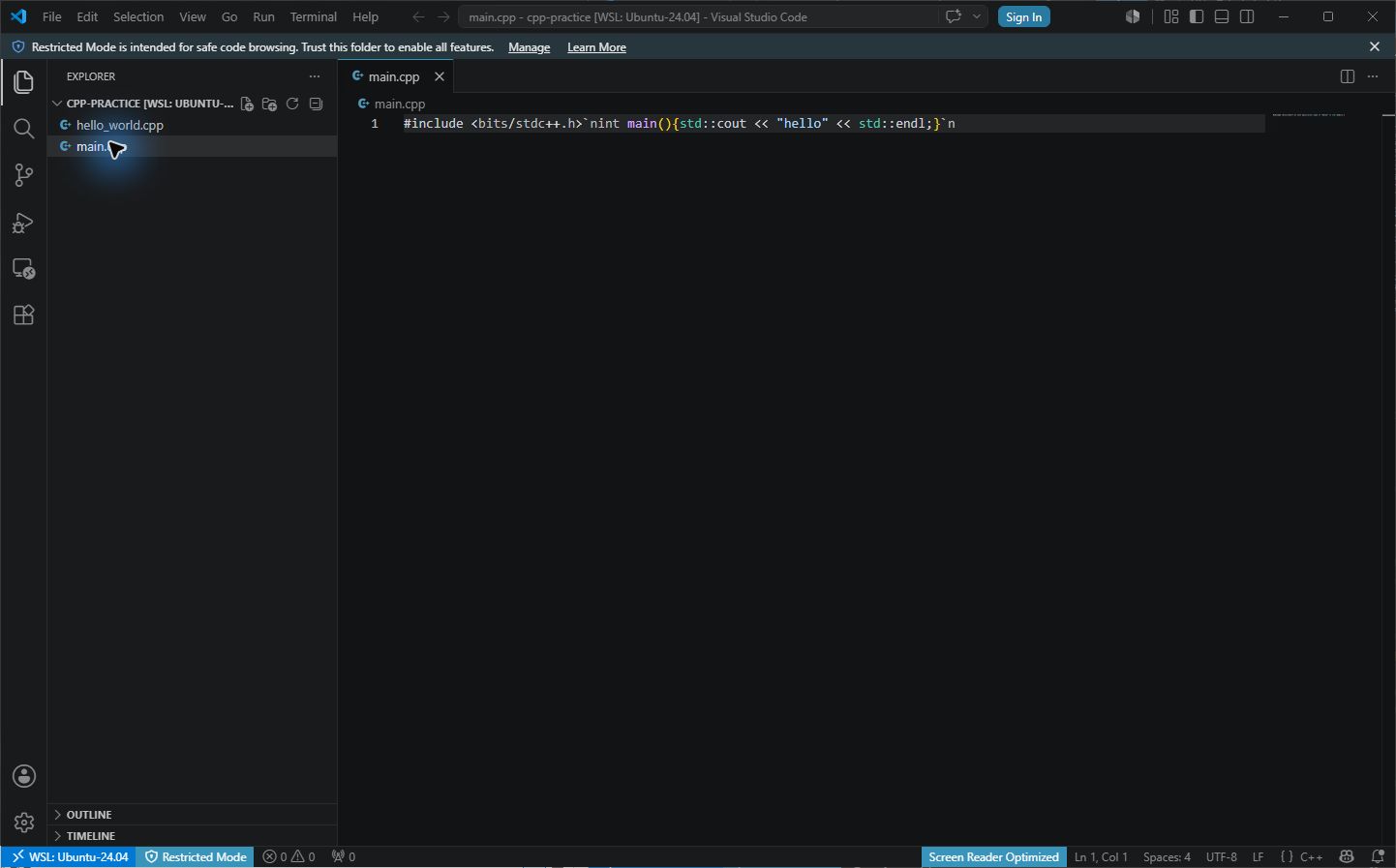 VS Code에서 WSL의 폴더가 열린 화면